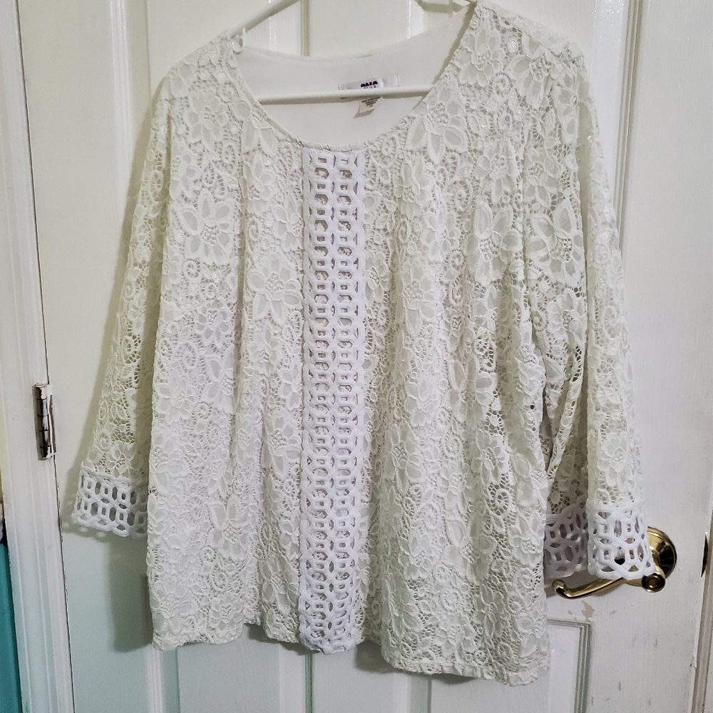Alia Plus Vintage 90s Boho Romantic Off White Lace 3/4 Sleeves Elegant Top 1X